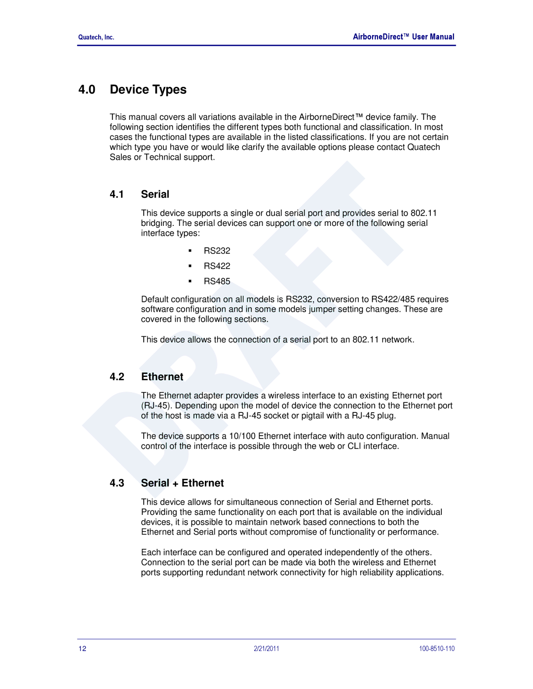 Quatech IN5000, DP500, HD500 user manual Device Types, Serial + Ethernet 