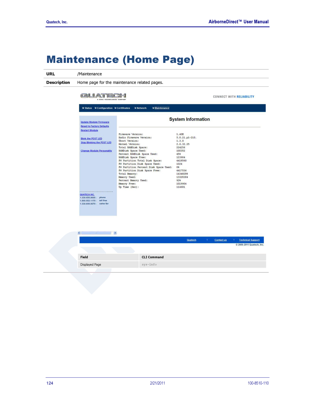 Quatech DP500, IN5000, HD500 user manual Maintenance Home 