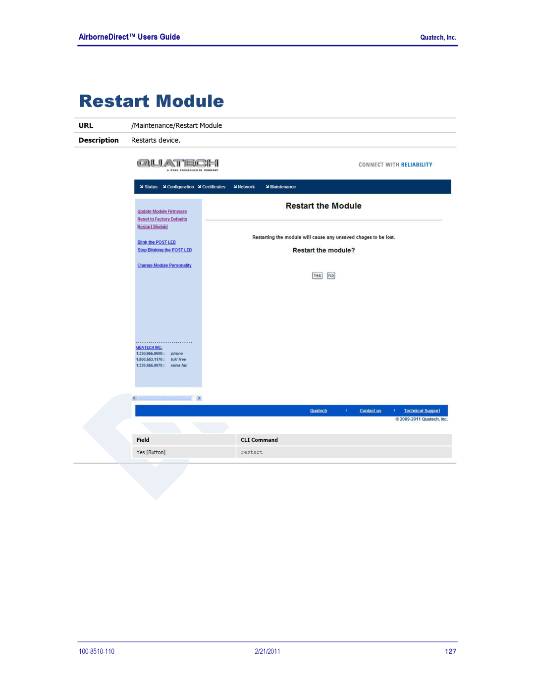 Quatech DP500, IN5000, HD500 user manual Restart Module 