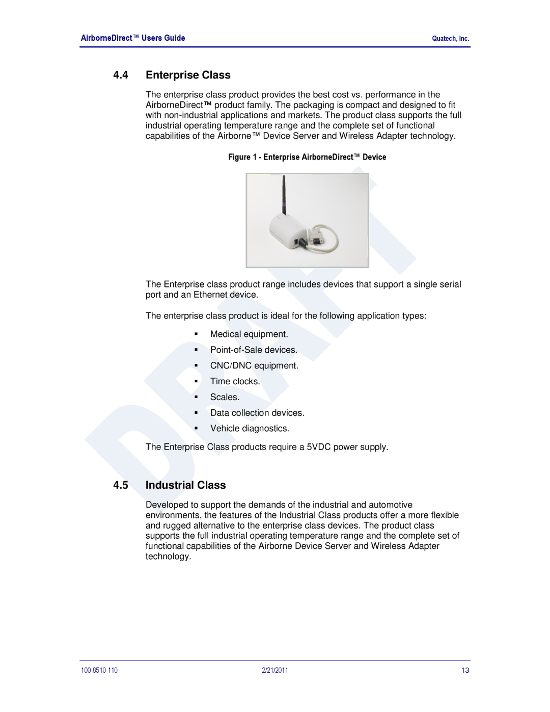 Quatech DP500, IN5000, HD500 user manual Enterprise Class, Industrial Class 