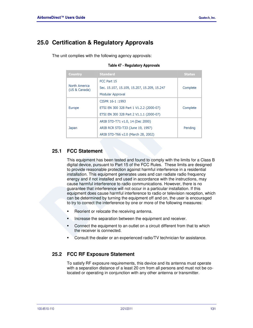 Quatech HD500 Certification & Regulatory Approvals, FCC Statement, FCC RF Exposure Statement, Country Standard Status 