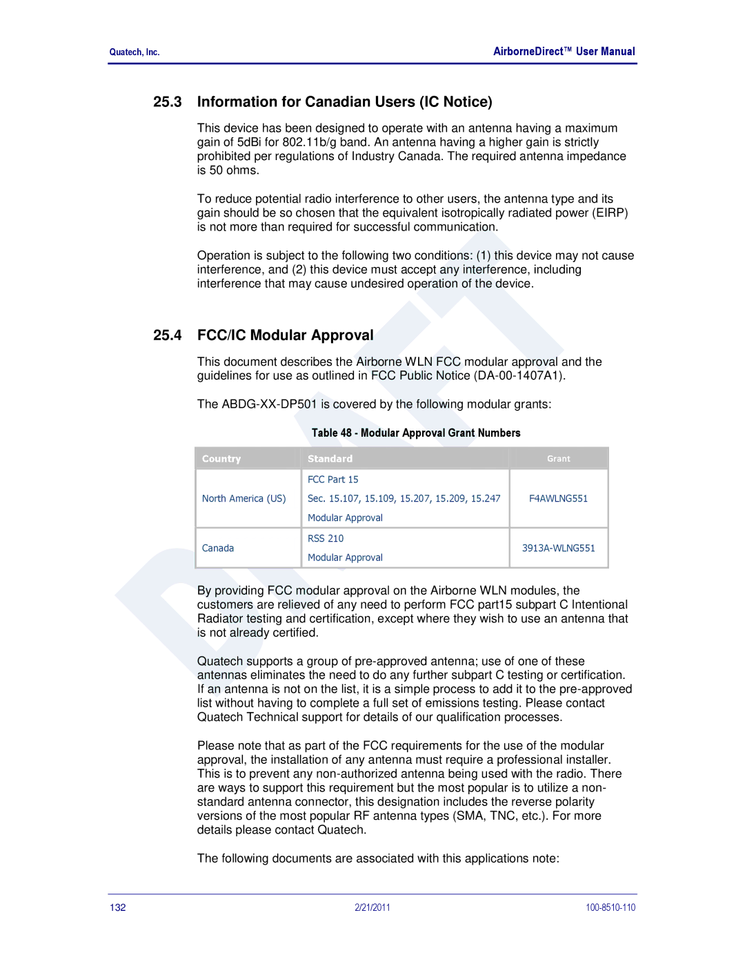 Quatech IN5000 Information for Canadian Users IC Notice, 25.4 FCC/IC Modular Approval, Modular Approval Grant Numbers 