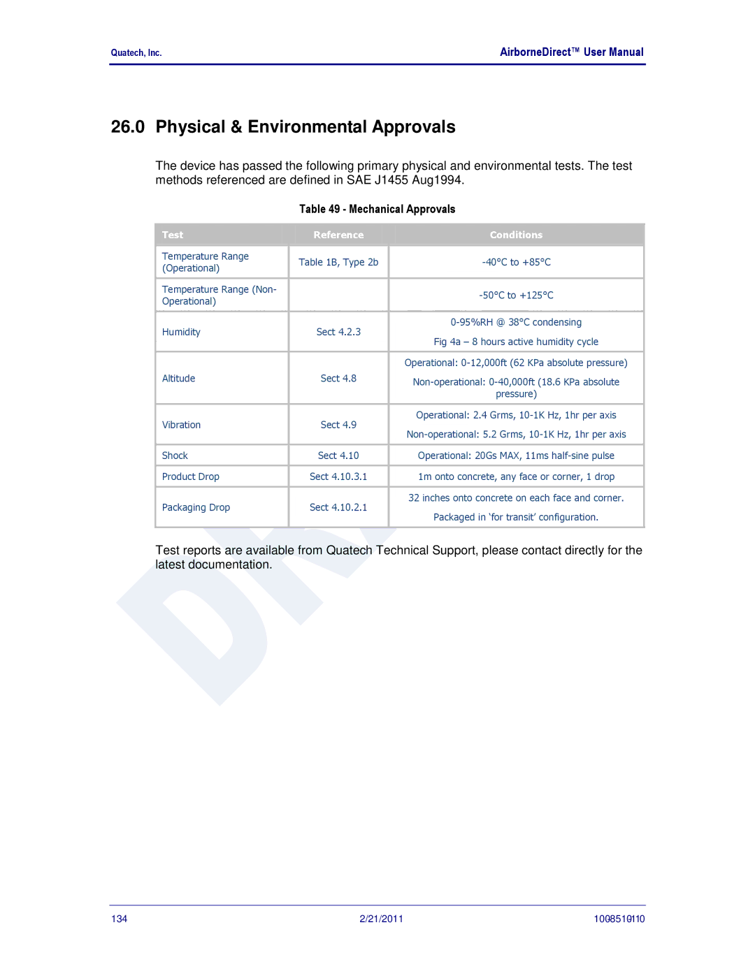 Quatech HD500, IN5000, DP500 user manual Physical & Environmental Approvals, Mechanical Approvals, Test Reference Conditions 