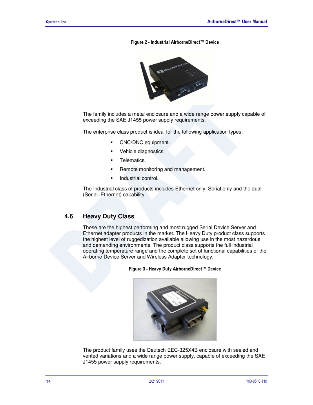 Quatech HD500, IN5000, DP500 user manual Heavy Duty Class, Industrial AirborneDirect Device 