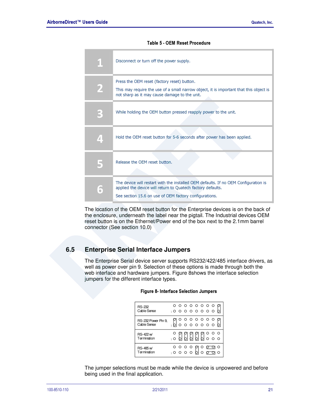 Quatech IN5000, DP500, HD500 user manual Enterprise Serial Interface Jumpers, Interface Selection Jumpers 