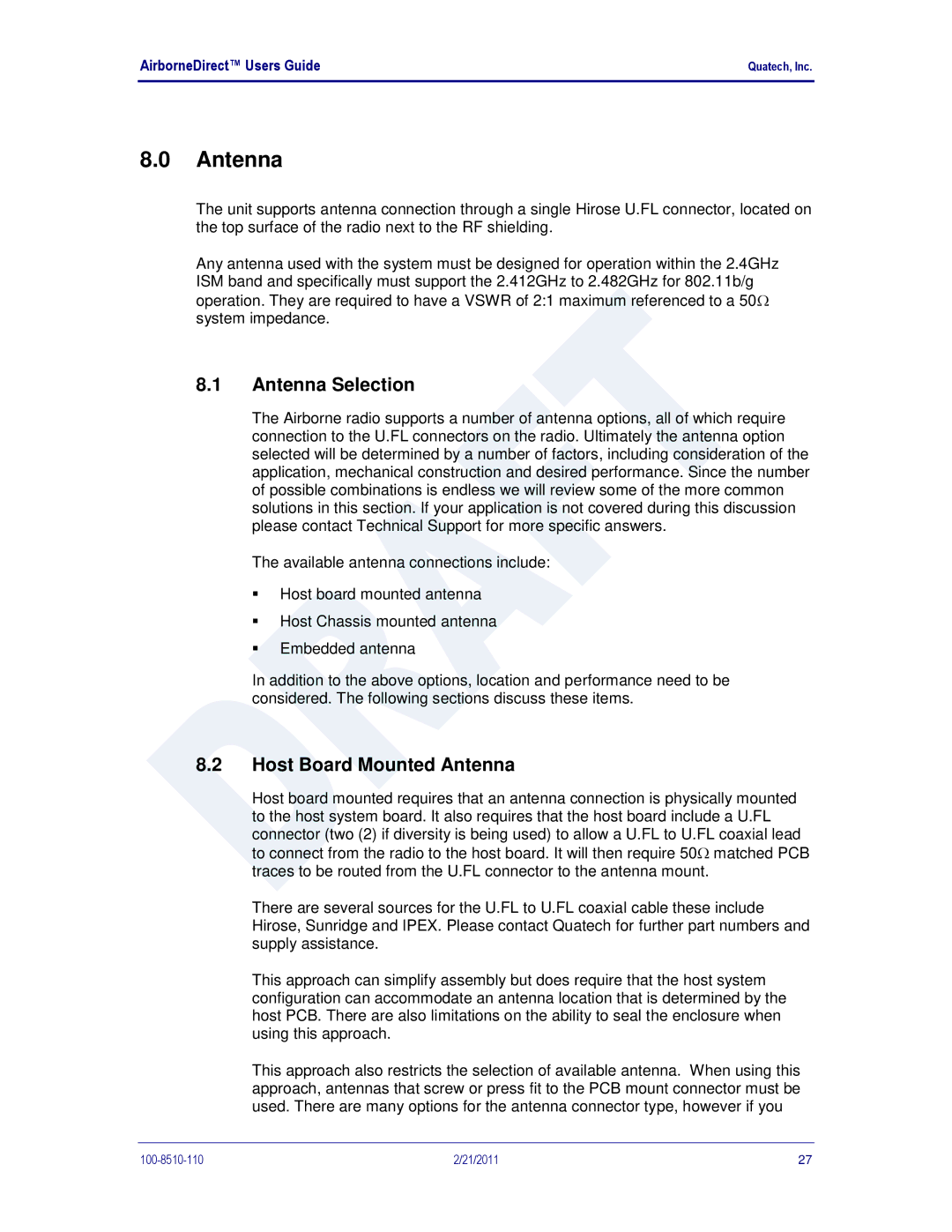 Quatech IN5000, DP500, HD500 user manual Antenna Selection, Host Board Mounted Antenna 