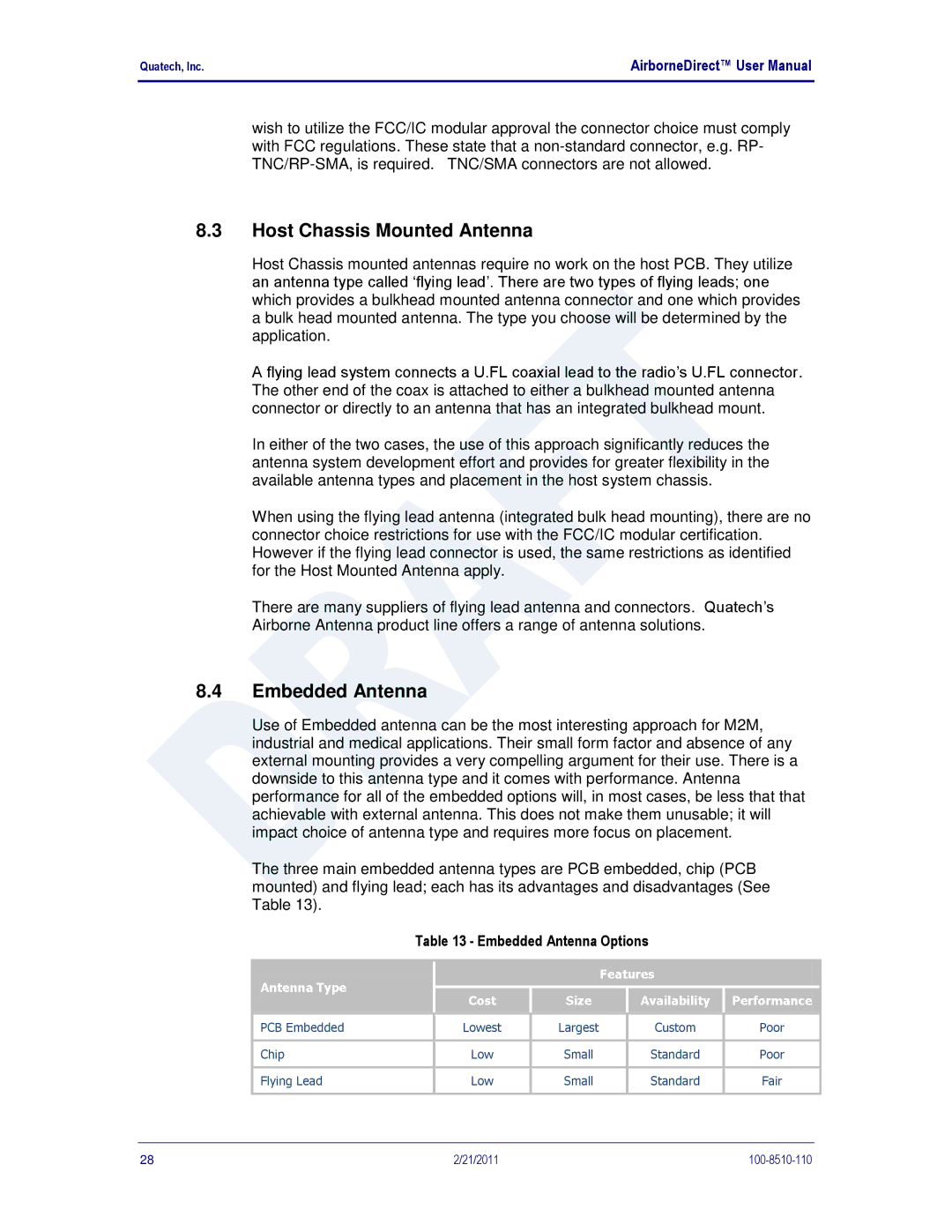 Quatech DP500, IN5000, HD500 user manual Host Chassis Mounted Antenna, Embedded Antenna Options 