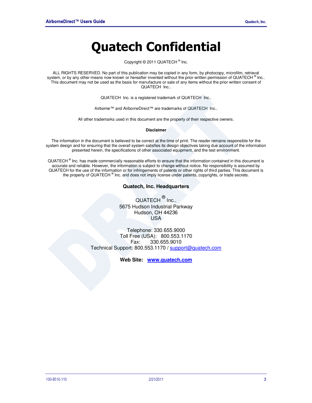 Quatech IN5000, DP500, HD500 user manual Quatech Confidential, Quatech, Inc. Headquarters 