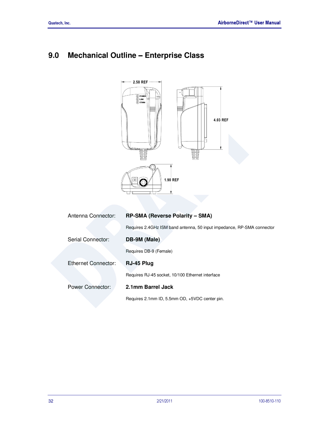 Quatech HD500 Mechanical Outline Enterprise Class, RP-SMA Reverse Polarity SMA, DB-9M Male, RJ-45 Plug, 1mm Barrel Jack 