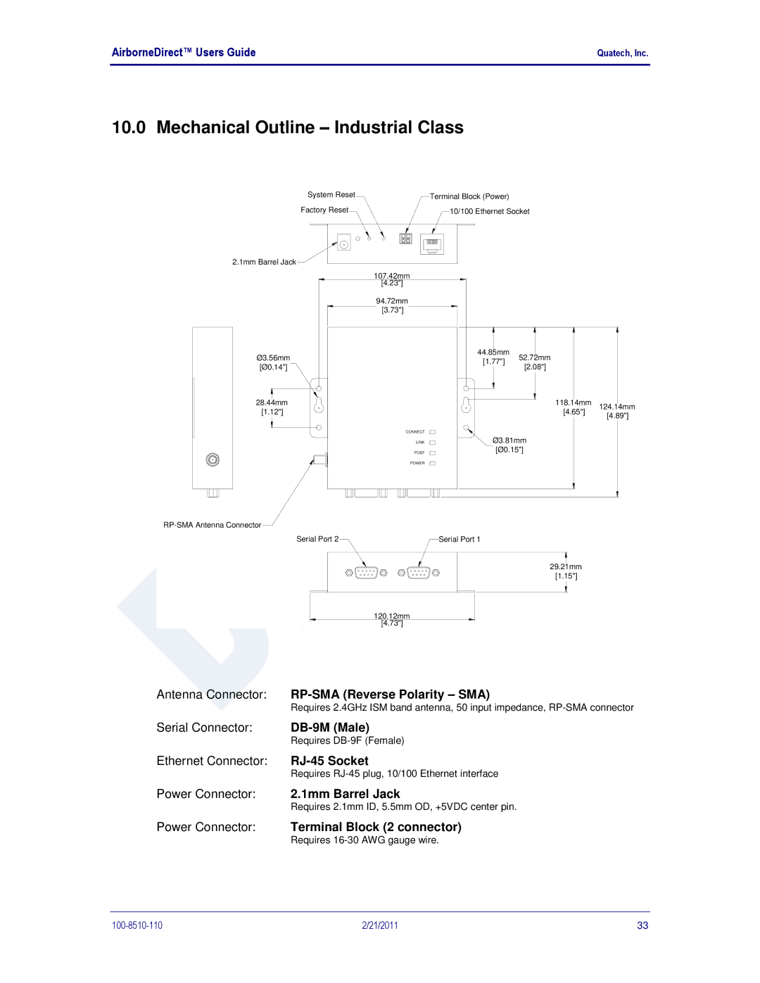 Quatech IN5000, DP500, HD500 user manual Mechanical Outline Industrial Class, Antenna Connector RP-SMA Reverse Polarity SMA 