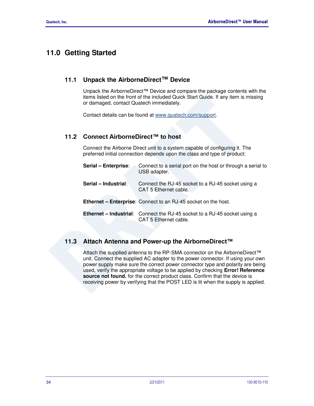 Quatech DP500, IN5000, HD500 user manual Getting Started, Unpack the AirborneDirect Device, Connect AirborneDirect to host 