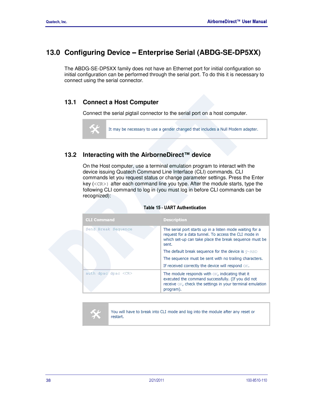 Quatech HD500, IN5000 Configuring Device Enterprise Serial ABDG-SE-DP5XX, Connect a Host Computer, CLI Command Description 