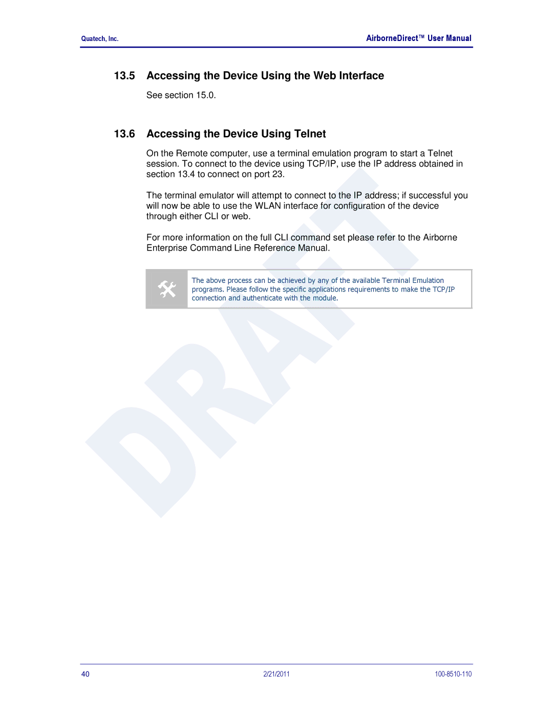 Quatech DP500, IN5000, HD500 user manual Accessing the Device Using the Web Interface, Accessing the Device Using Telnet 