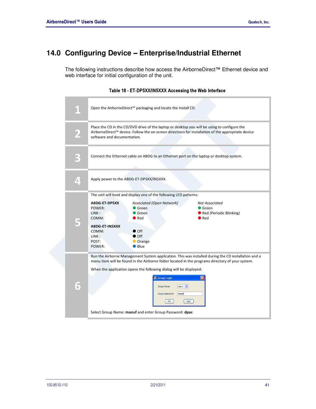 Quatech HD500, IN5000, DP500 Configuring Device Enterprise/Industrial Ethernet, ET-DP5XX/IN5XXX Accessing the Web Interface 