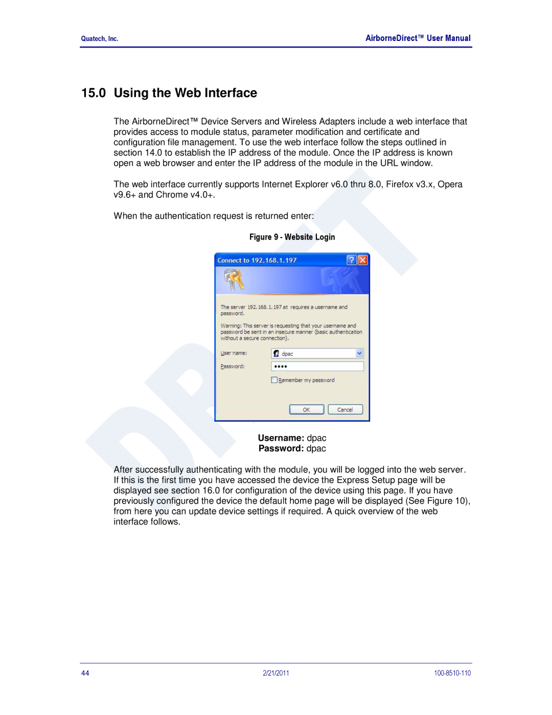 Quatech HD500, IN5000, DP500 user manual Using the Web Interface, Website Login Username dpac Password dpac 