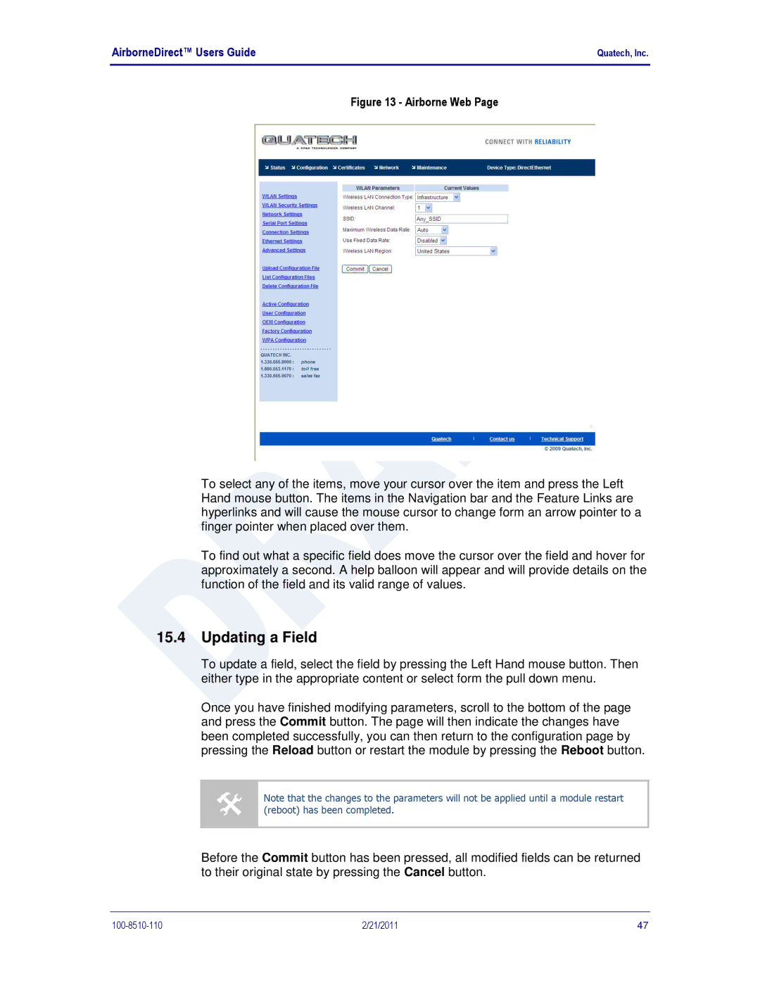 Quatech HD500, IN5000, DP500 user manual Updating a Field, Airborne Web 