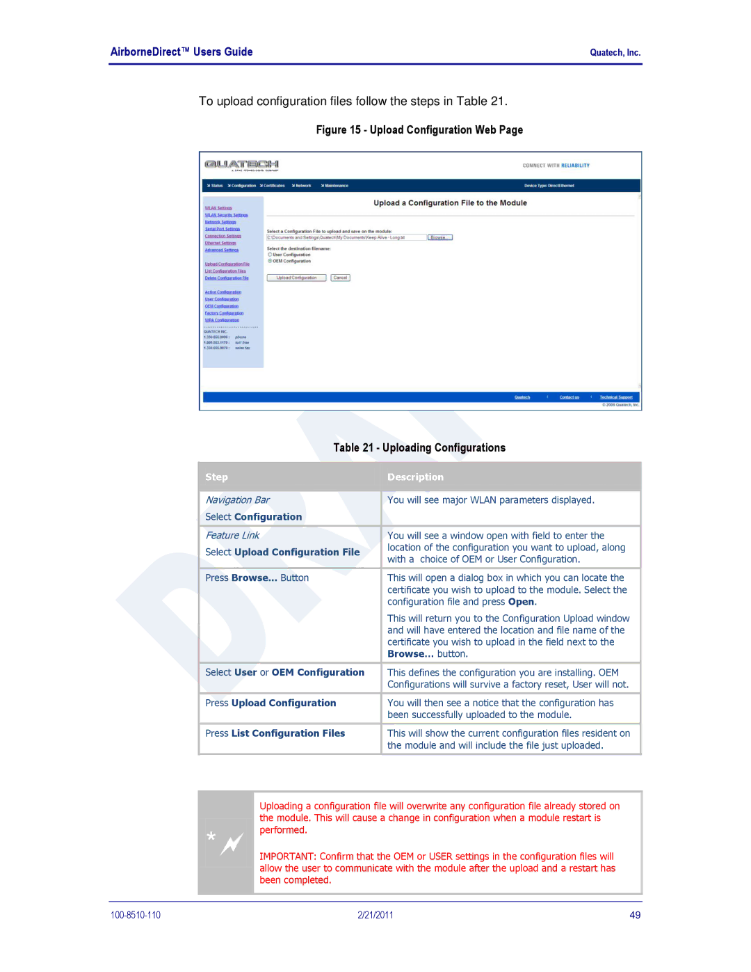 Quatech DP500, IN5000, HD500 user manual Uploading Configurations 