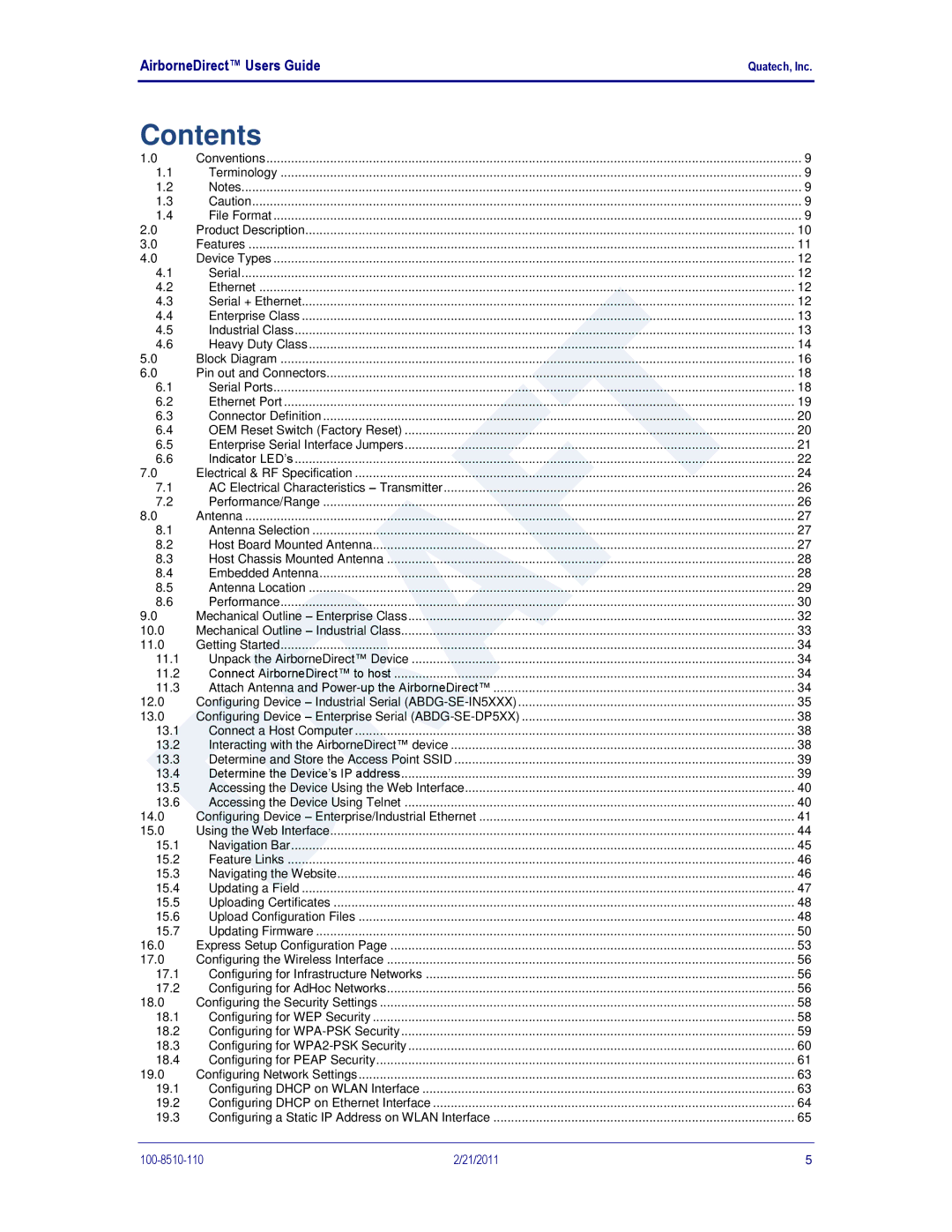 Quatech HD500, IN5000, DP500 user manual Contents 