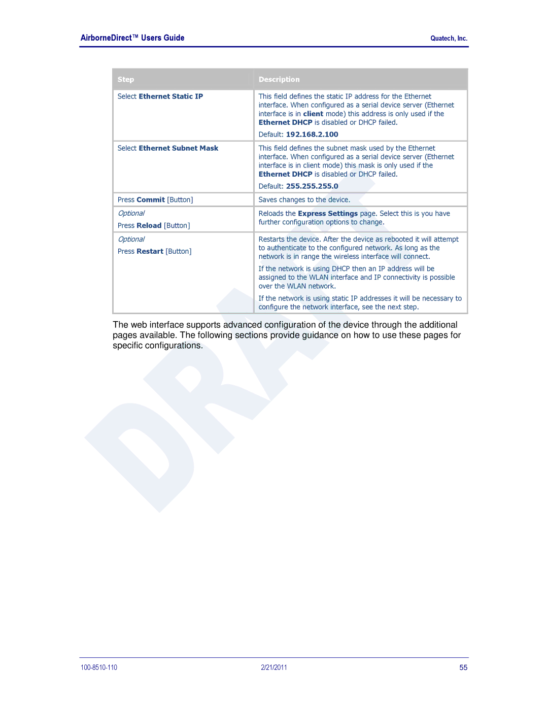 Quatech DP500, IN5000, HD500 user manual Select Ethernet Static IP 