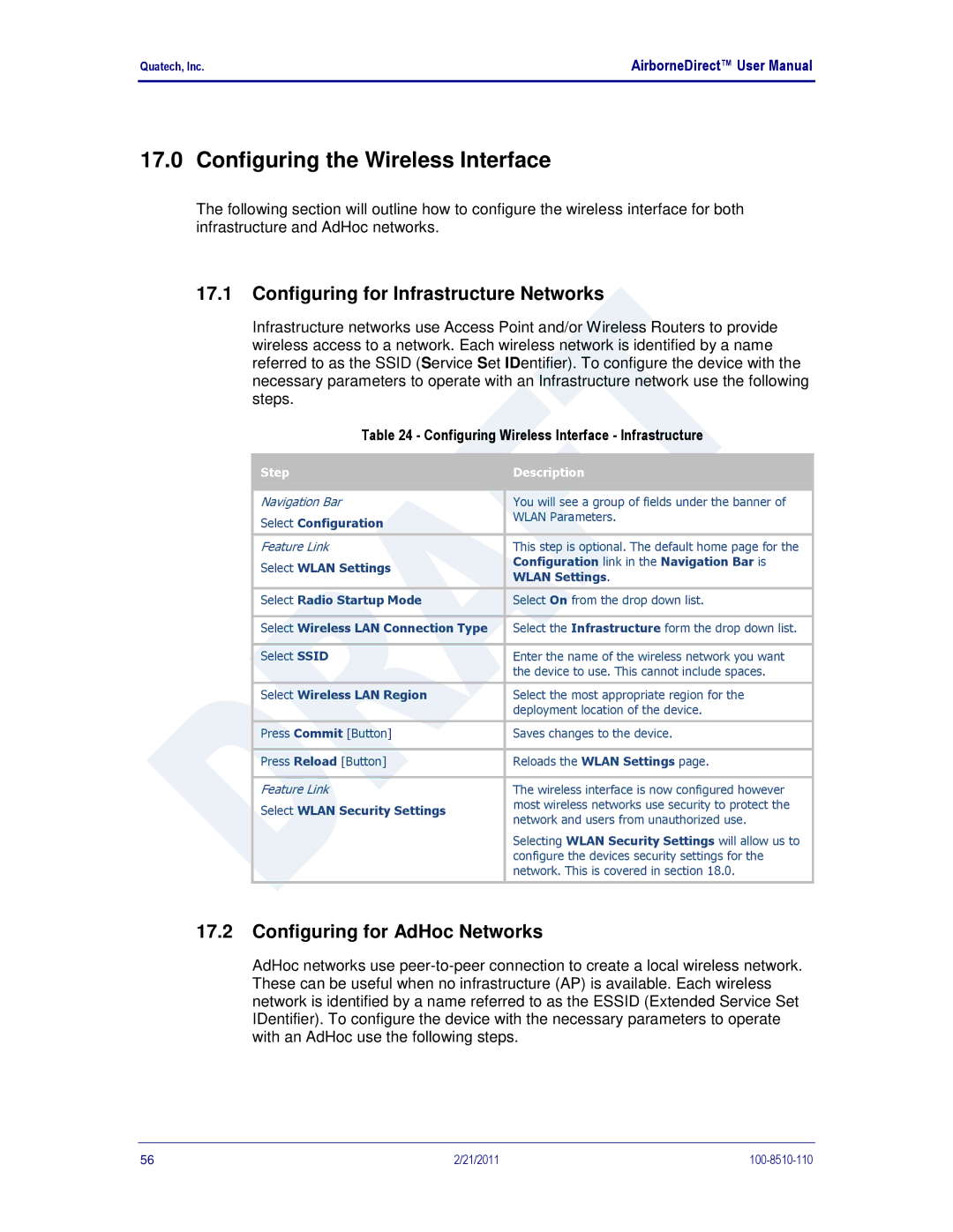 Quatech HD500 Configuring the Wireless Interface, Configuring for Infrastructure Networks, Configuring for AdHoc Networks 