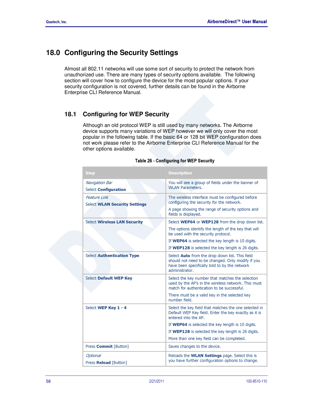 Quatech DP500, IN5000, HD500 user manual Configuring the Security Settings, Configuring for WEP Security 