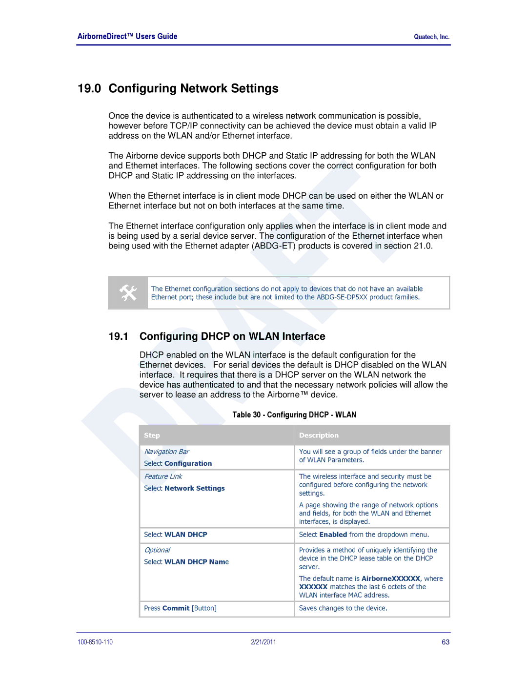 Quatech IN5000 Configuring Network Settings, Configuring Dhcp on Wlan Interface, Configuring Dhcp Wlan, Select Wlan Dhcp 