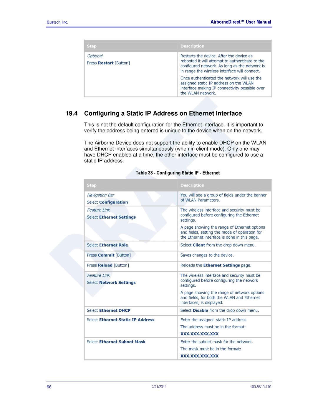 Quatech IN5000, DP500, HD500 Configuring a Static IP Address on Ethernet Interface, Configuring Static IP Ethernet, Step 