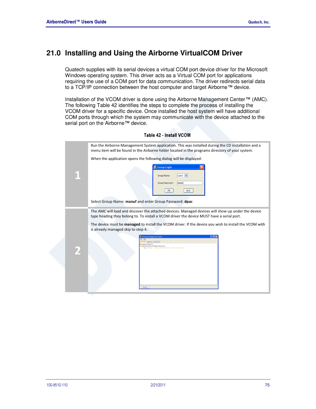 Quatech IN5000, DP500, HD500 user manual Installing and Using the Airborne VirtualCOM Driver, Install Vcom 