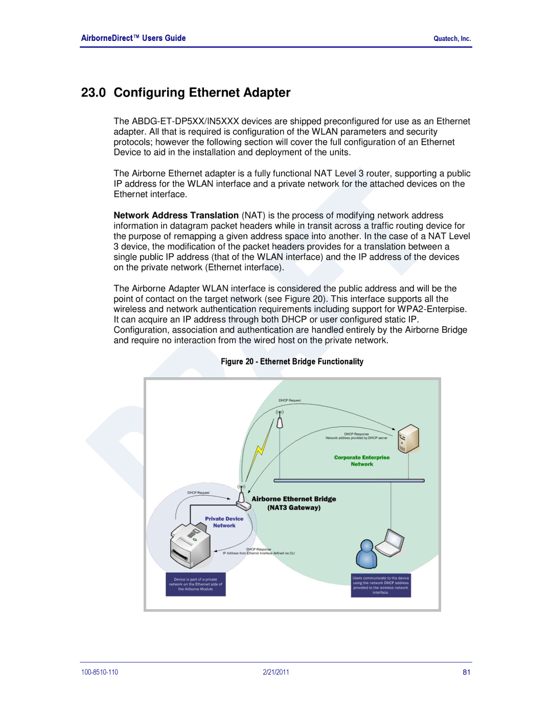 Quatech IN5000, DP500, HD500 user manual Configuring Ethernet Adapter, Ethernet Bridge Functionality 