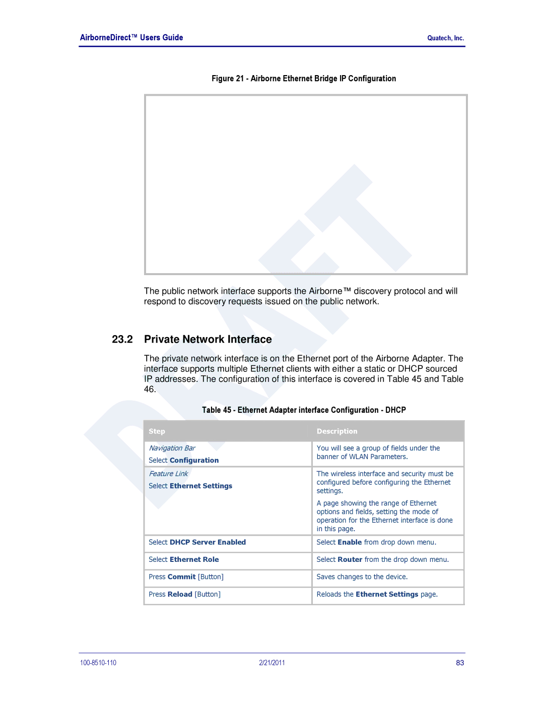 Quatech HD500, IN5000 Private Network Interface, Ethernet Adapter interface Configuration Dhcp, Select Dhcp Server Enabled 