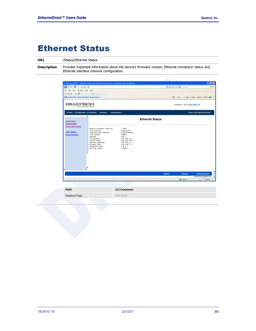 Quatech HD500, IN5000, DP500 user manual Ethernet Status 