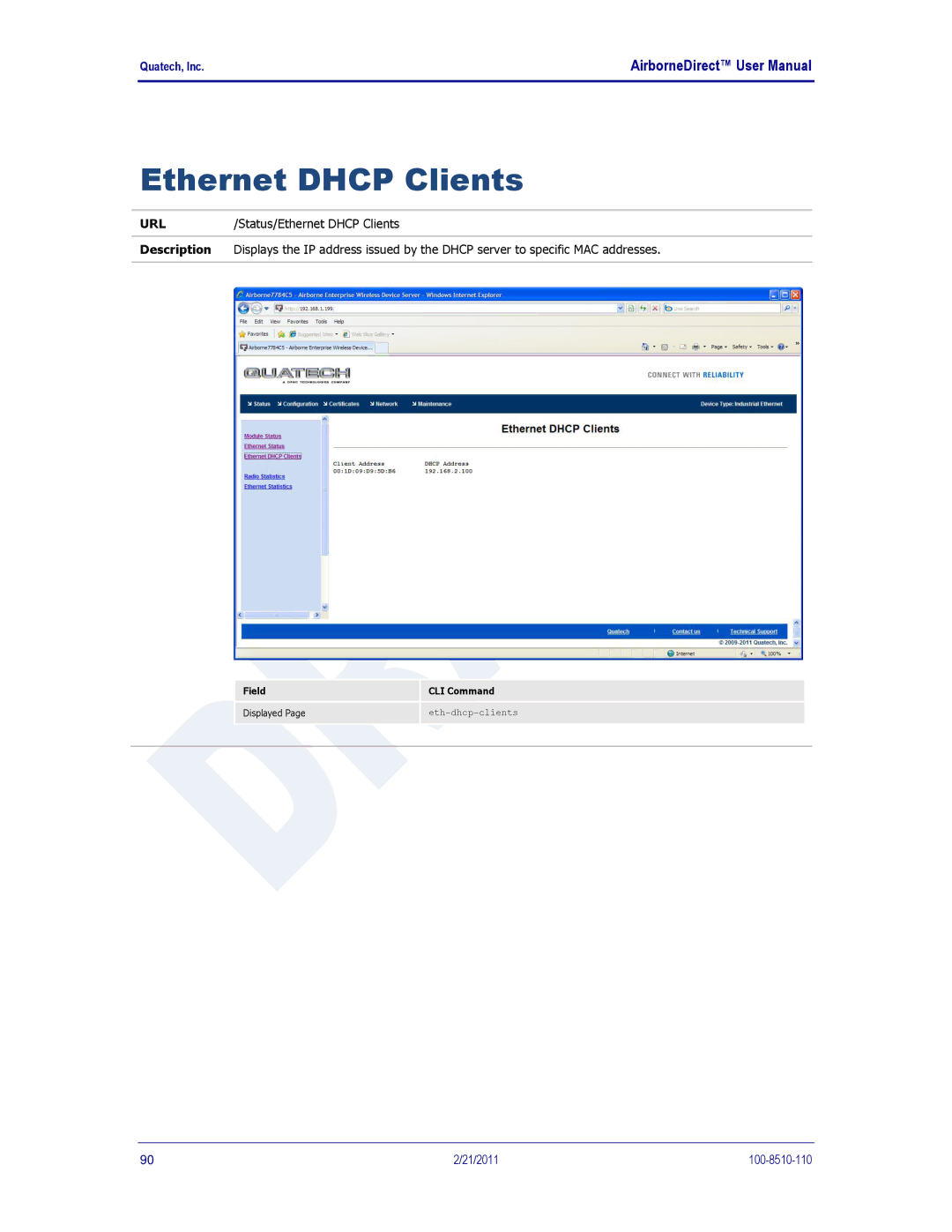 Quatech IN5000, DP500, HD500 user manual Ethernet Dhcp Clients 