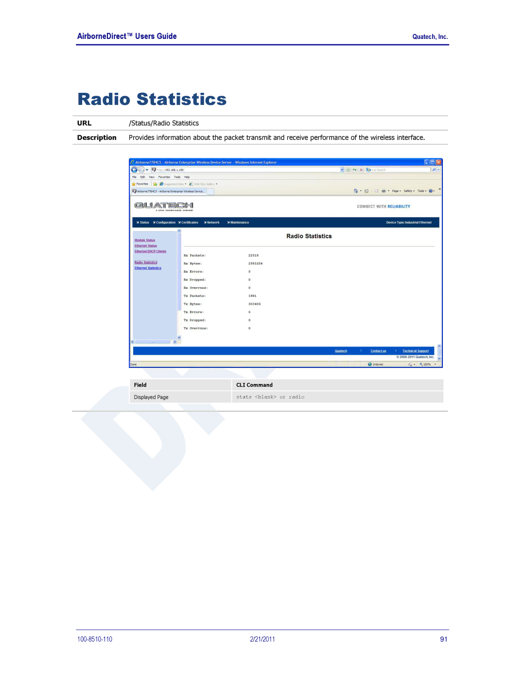 Quatech DP500, IN5000, HD500 user manual Radio Statistics 