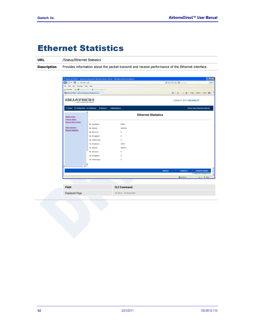 Quatech HD500, IN5000, DP500 user manual Ethernet Statistics 