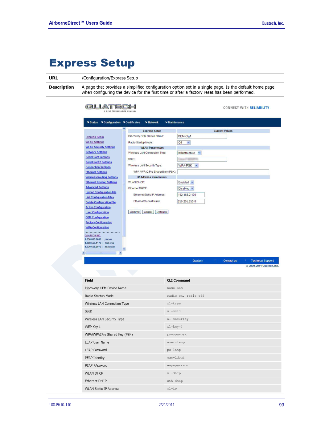 Quatech IN5000, DP500, HD500 user manual Express Setup, Field CLI Command 