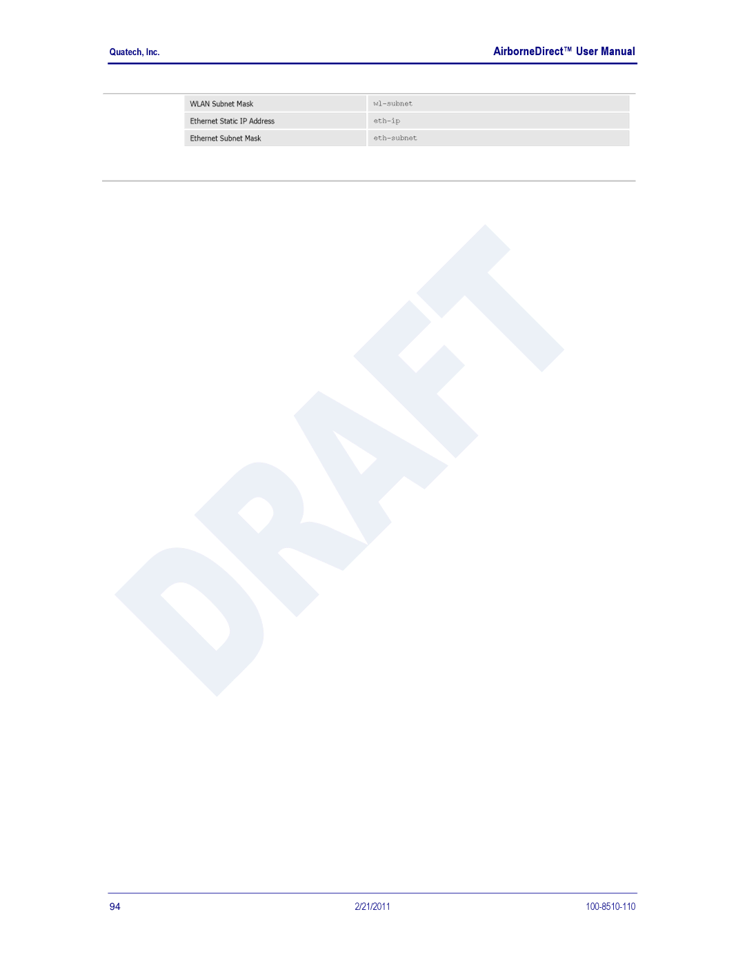 Quatech DP500, IN5000, HD500 user manual Wlan Subnet Mask 