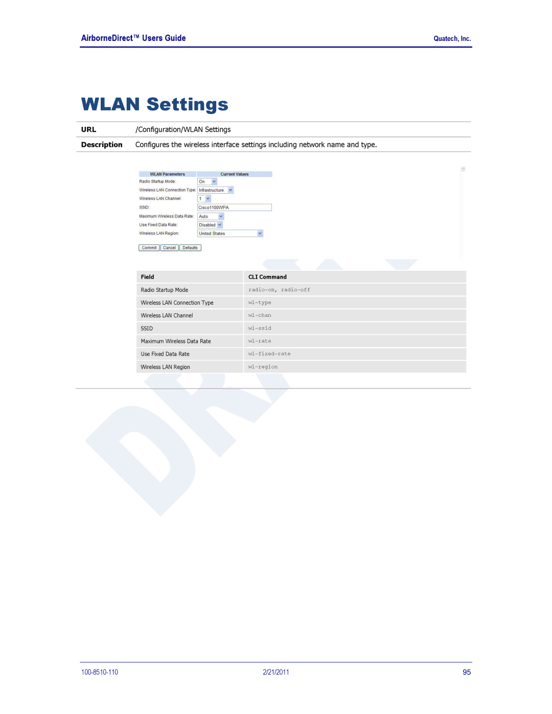 Quatech HD500, IN5000, DP500 user manual Wlan Settings 