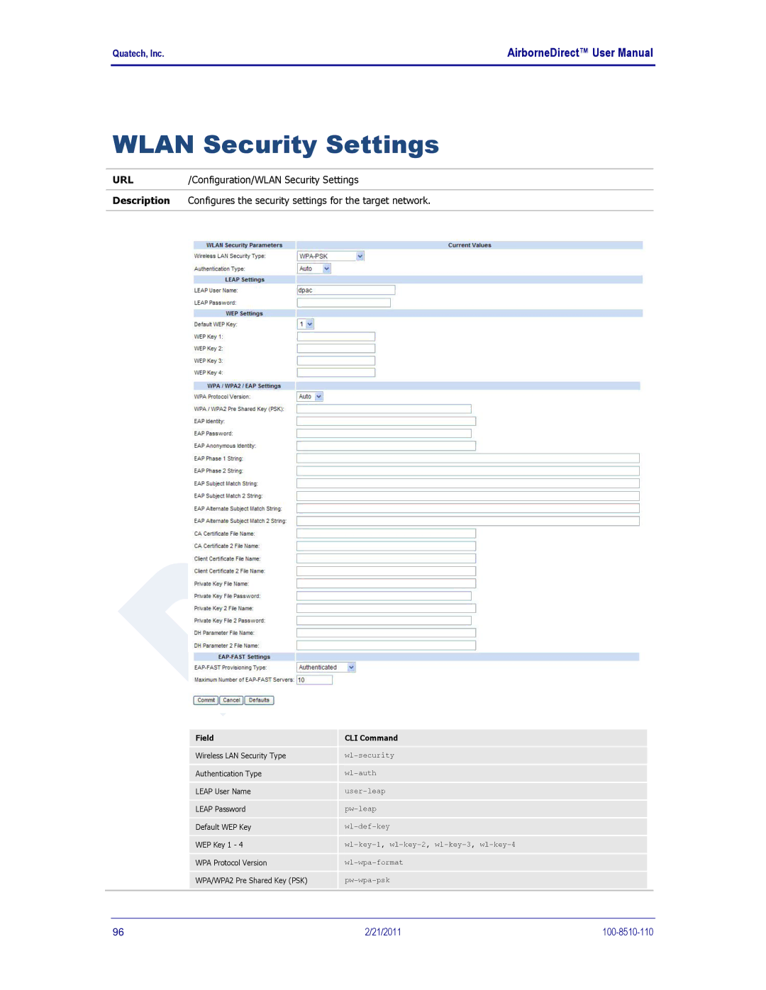 Quatech IN5000, DP500, HD500 user manual Wlan Security Settings 