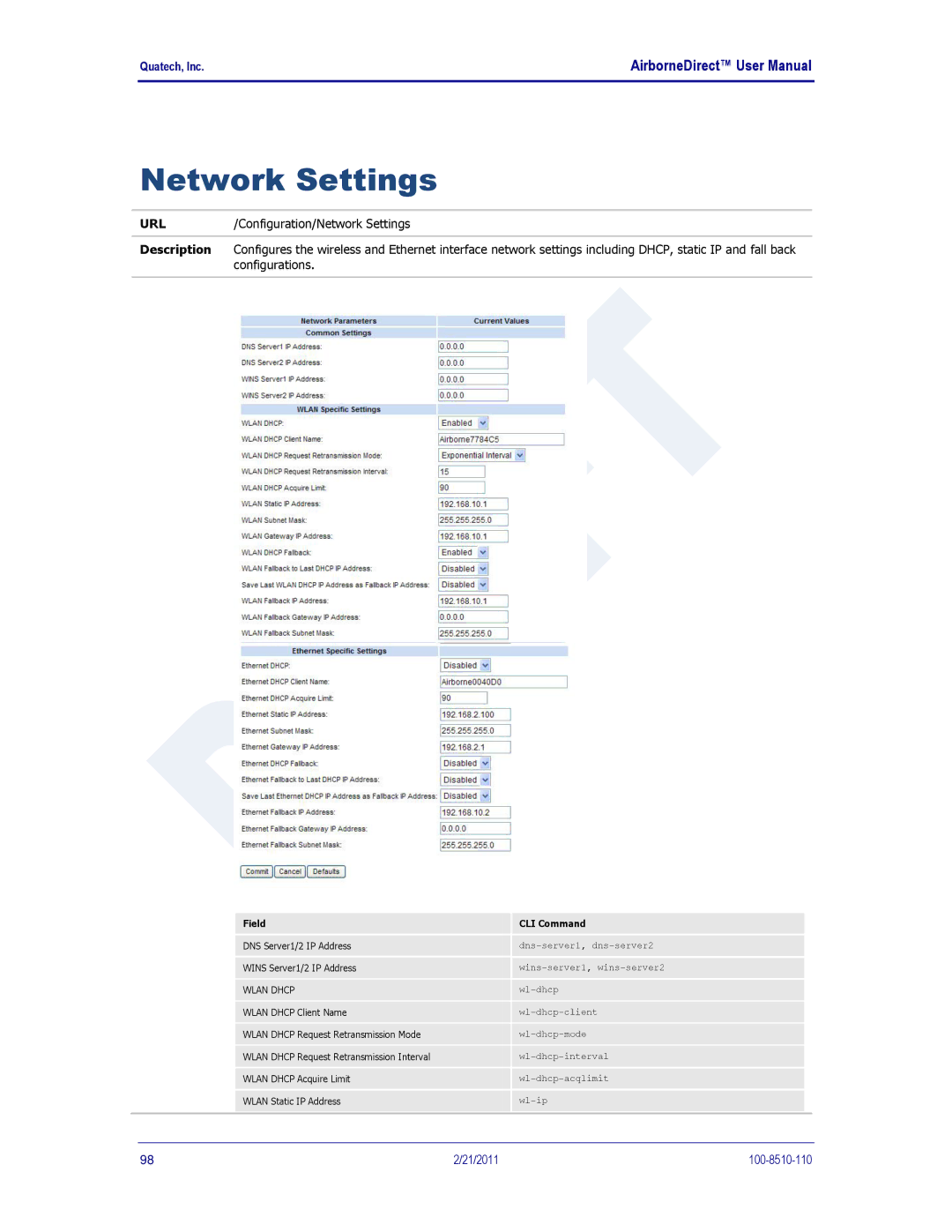 Quatech HD500, IN5000, DP500 user manual Network Settings 