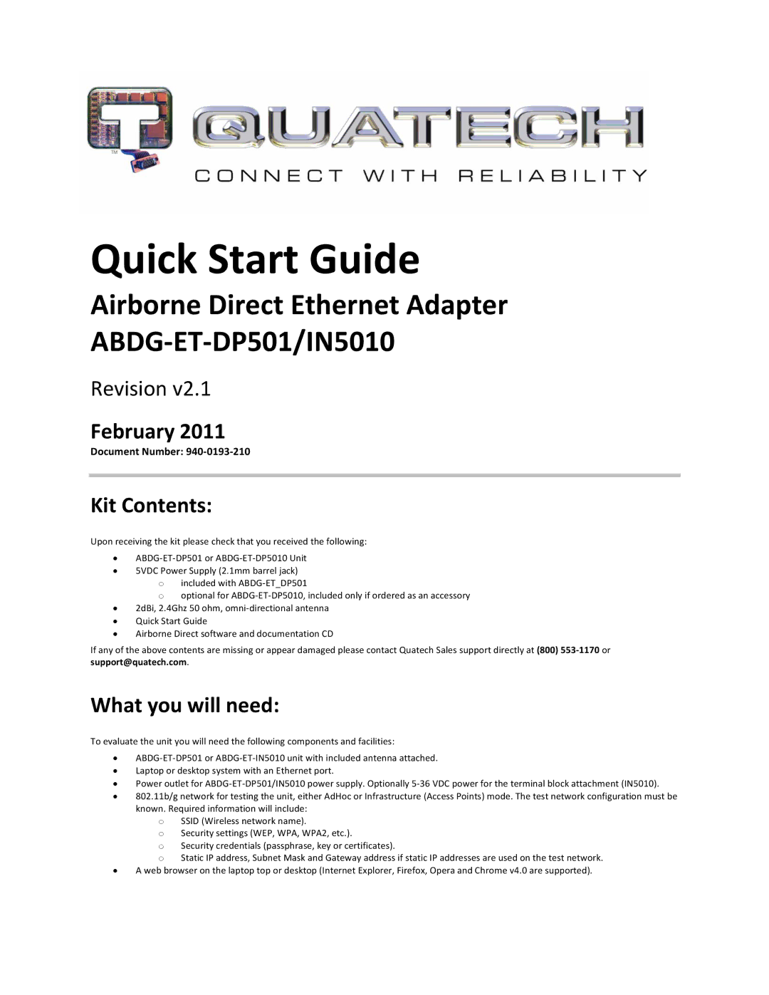 Quatech ABDG-ET-DP501/IN5010 quick start February, Kit Contents, What you will need 