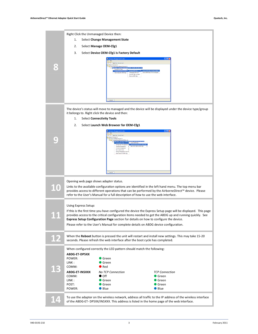 Quatech ABDG-ET-DP501/IN5010 quick start ABDG-ET-IN5XXX, No TCP Connection 