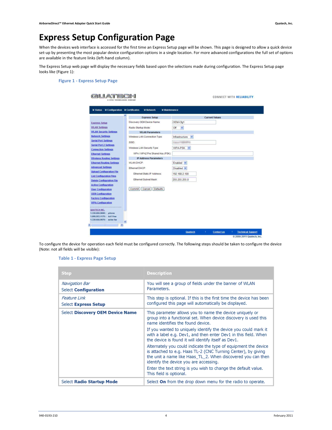 Quatech ABDG-ET-DP501/IN5010 quick start Express Setup Configuration, Express Page Setup 