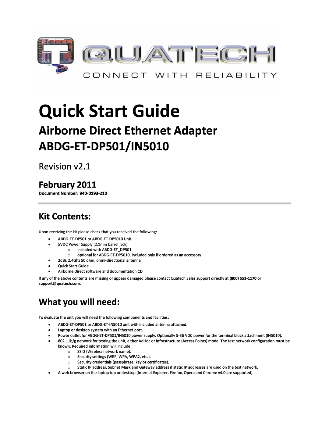 Quatech ABDG-ET-DP501/IN5010 quick start February, Kit Contents, What you will need, Quick Start Guide, Revision 