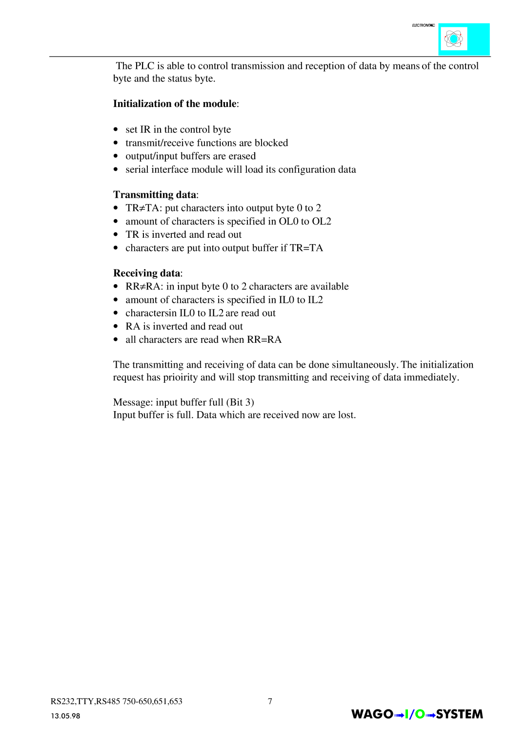 Quatech INTERBUS S manual Initialization of the module, Transmitting data, Receiving data 