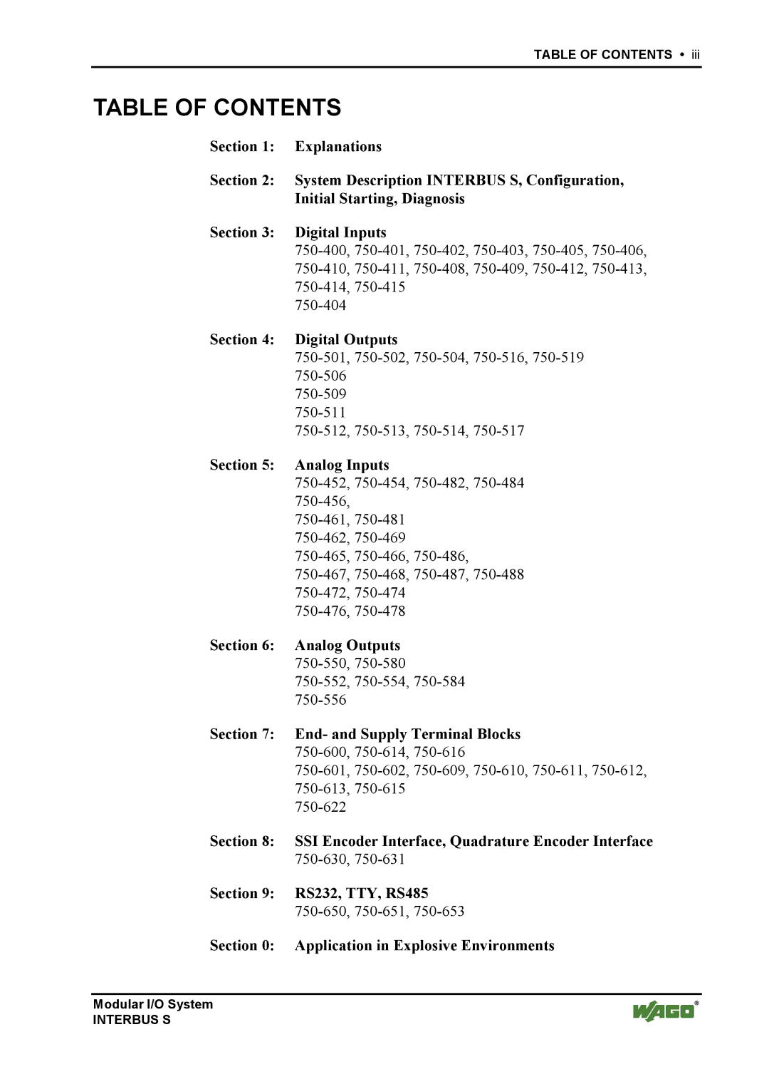 Quatech INTERBUS S manual Table of Contents 