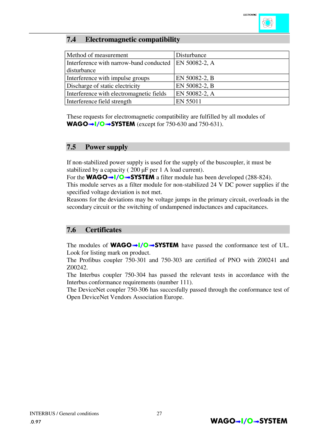 Quatech INTERBUS S manual Electromagnetic compatibility, Power supply, Certificates 