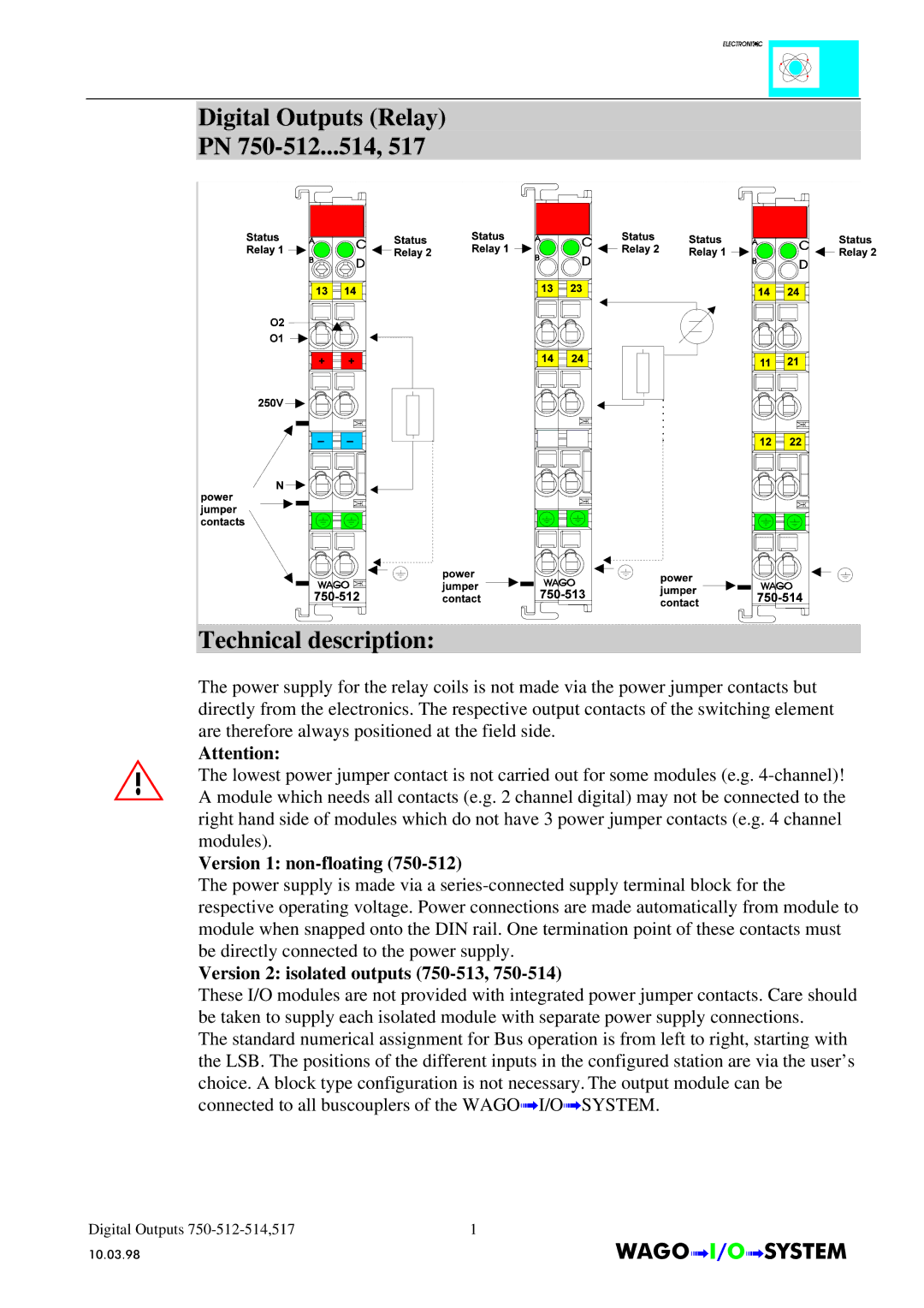 Quatech INTERBUS S manual Version 1 non-floating, Version 2 isolated outputs 750-513 