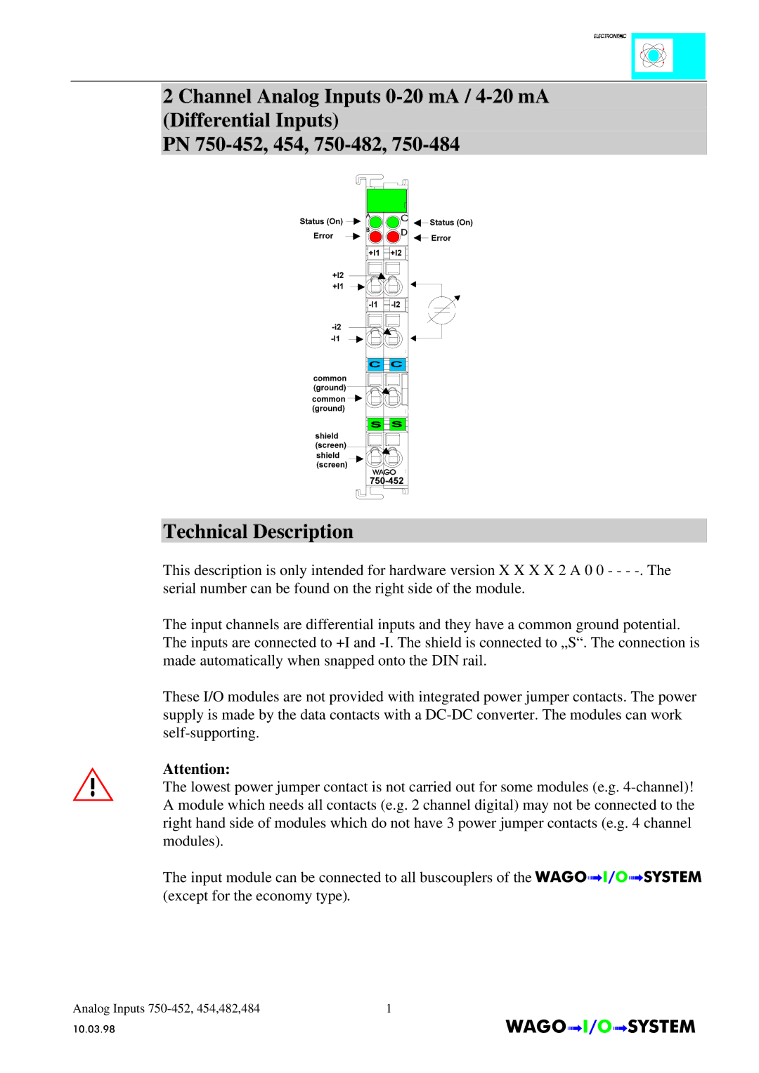 Quatech INTERBUS S manual AnalogInputs 750-452, 454,482,484 