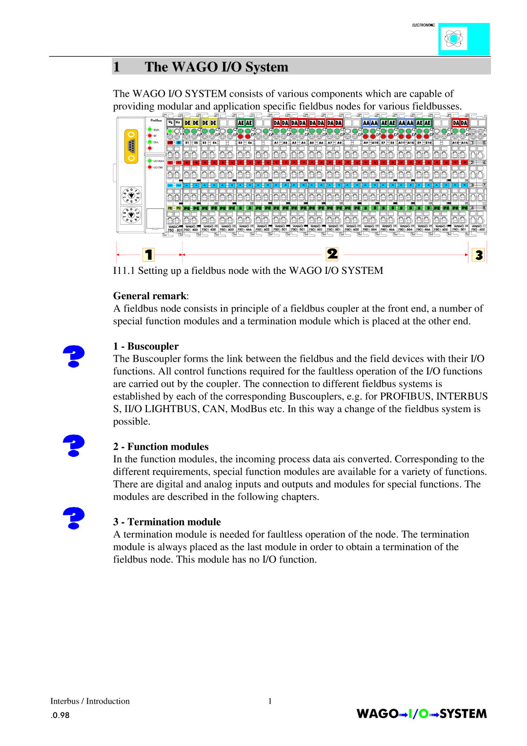 Quatech INTERBUS S manual Wago I/O System, General remark, Buscoupler, Function modules, Termination module 