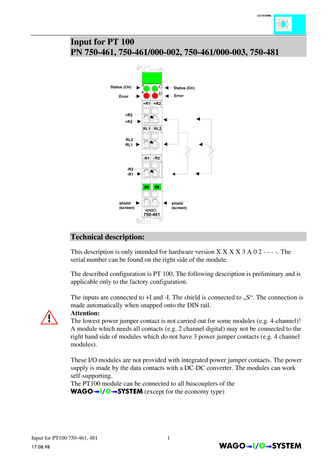 Quatech INTERBUS S manual Input for PT PN 750-461, 750-461/000-002, 750-461/000-003, Technical description 